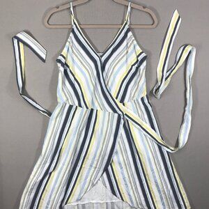 LOFT Wrap Dress Women's 2 Blue White Yellow Striped Mini Belted Spaghetti NWT